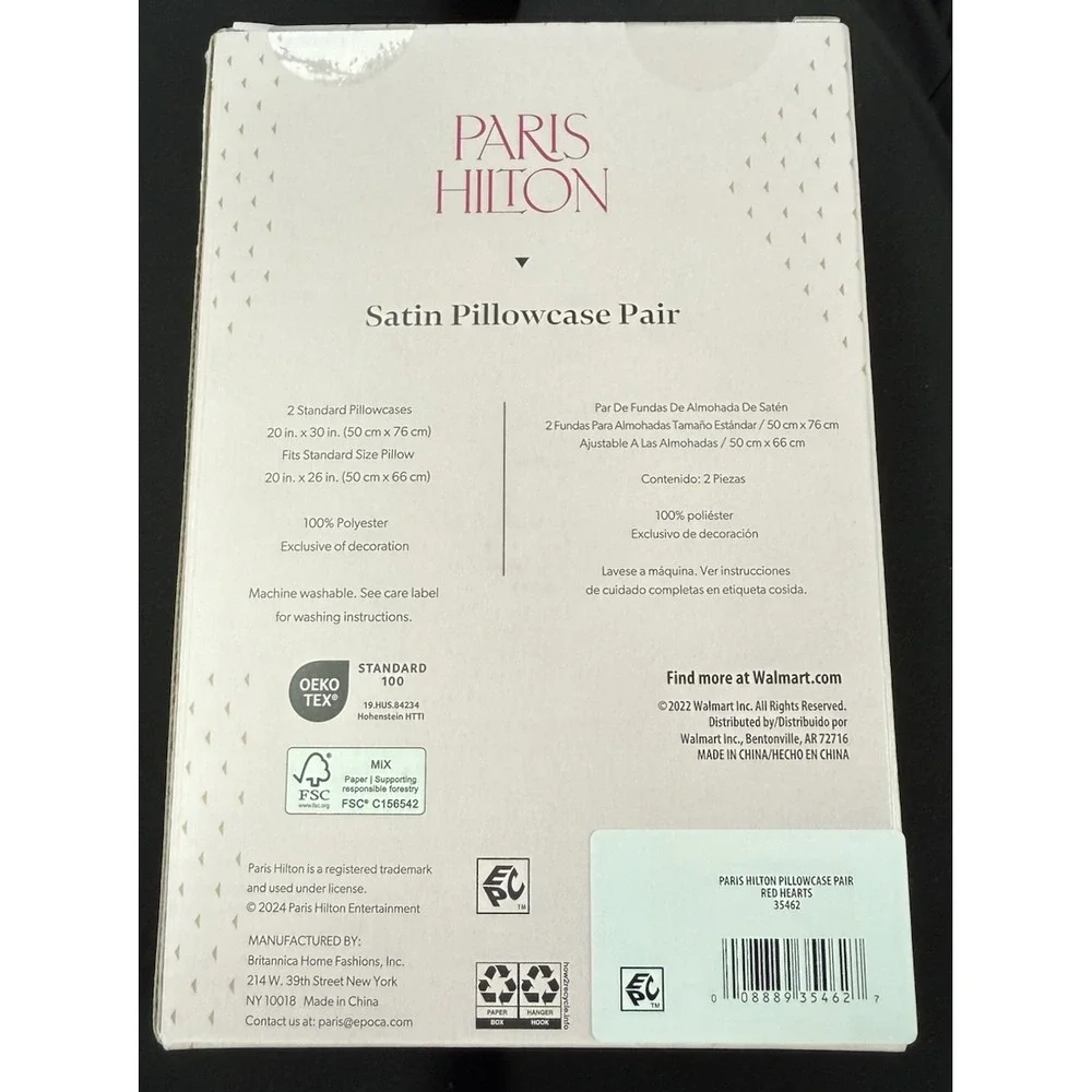 Paris Hilton Red Satin Pillowcase Set w/ White Hearts Standard 2-Pack Valentines